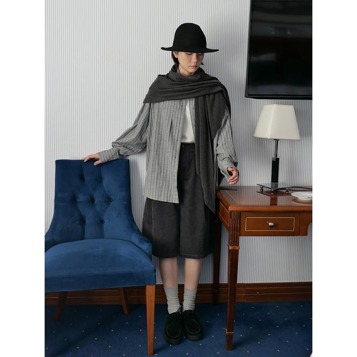 韩女天莱色织条纹慵懒宽松叠穿衬衫冬季秋冬长袖上衣