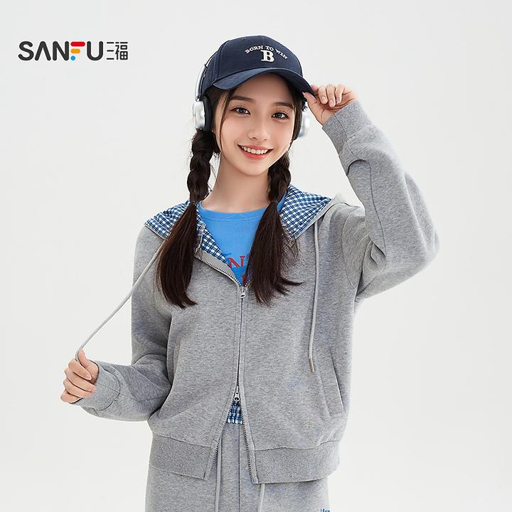 三福开衫卫衣2025冬季双头拉链格子拼接连帽上衣女装512977