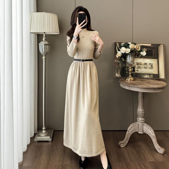 法式针织连衣裙女时尚减龄长袖高腰显瘦A字裙高级感气质过膝长裙