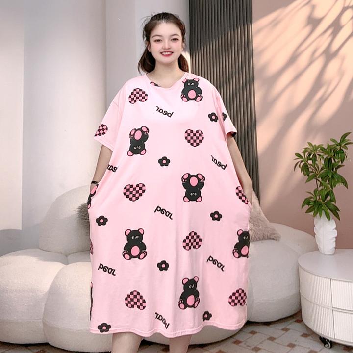 睡裙女款爆款2025新款大码短袖休闲长裙夏季薄款女士印花棉质睡裙