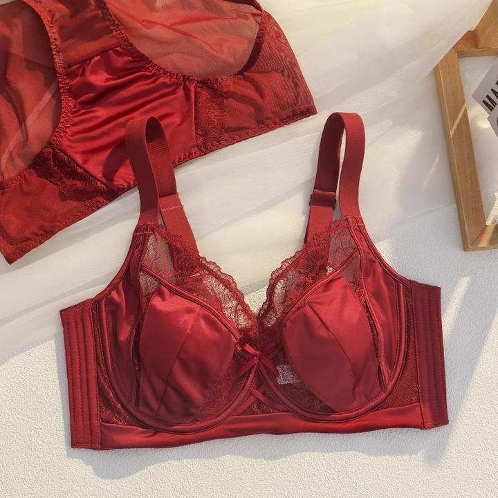 红色本命年内衣女大胸显小薄款软钢圈结婚新娘性感蕾丝文胸套装
