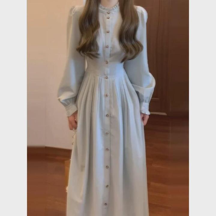 氛围感蓝色长袖衬衫连衣裙女2024早秋新款温柔风气质收腰长裙子女