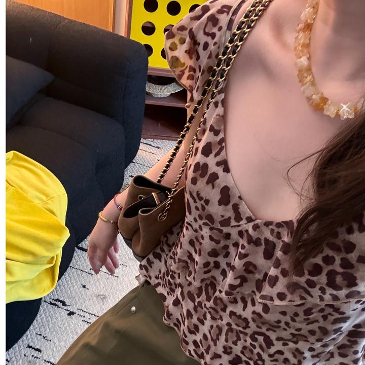 晶咕软软【千禧豹纹】小众设计感纯欲风不规则飘带豹纹吊带上衣
