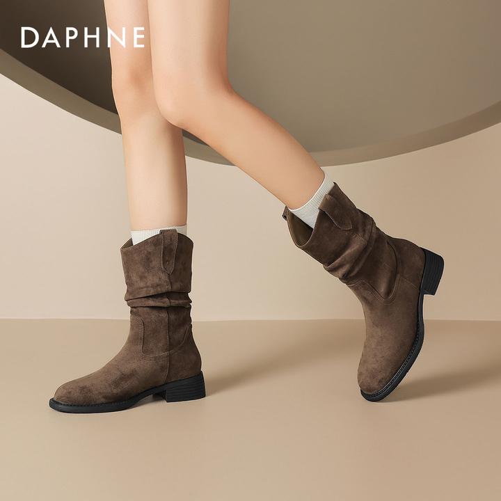 达芙妮网红爆款棕色复古堆堆靴女2025秋季高级感粗跟显瘦时装短靴