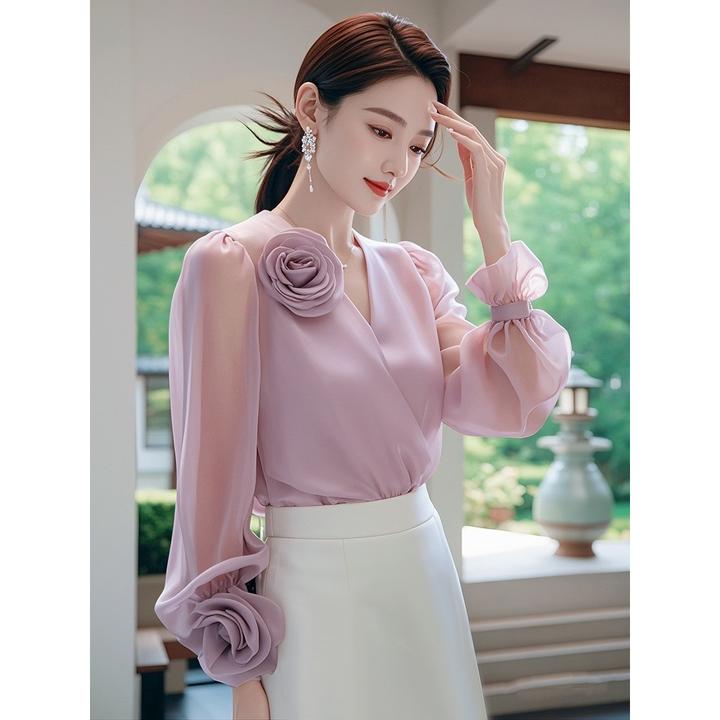 气质今年流行漂亮小衫端小子轻奢别致时尚衬衣粉紫色衬衫女早秋