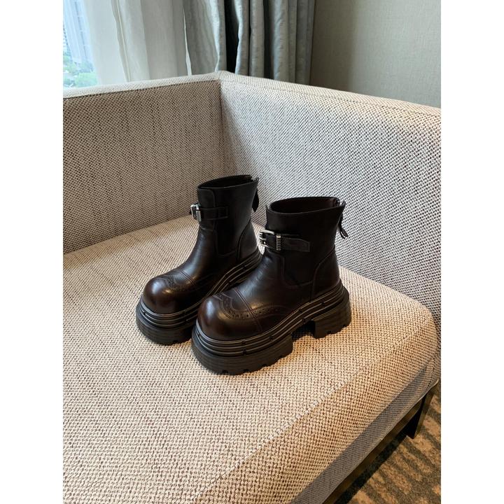 弥笛马丁靴女6.5CM增高厚底小个子粗跟皮带扣机车靴短靴女新款