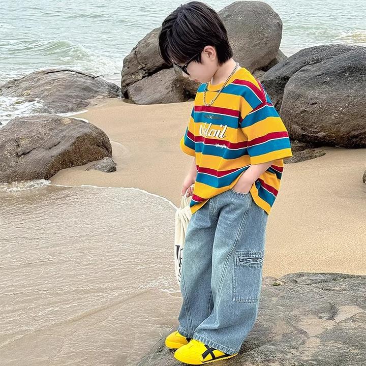 儿童纯棉夏季T恤儿童夏装男女童上衣洋气女童条纹休闲上衣百搭潮
