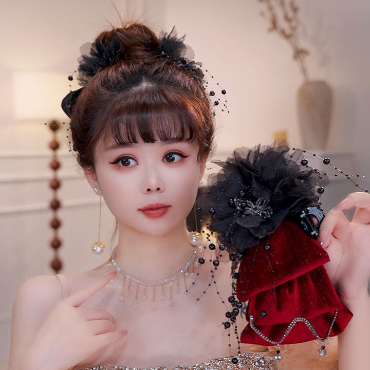 酒红暮光丝绒发夹多层珠珠蝴蝶细闪发饰秋冬高级氛围感鲨鱼夹头饰