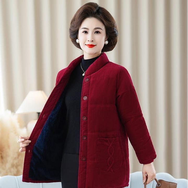 中老年妈妈冬装加绒棉袄灯芯绒宽松大码加厚条绒棉服纯棉开衫棉衣