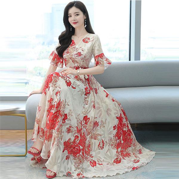 连衣裙夏装女长裙2025新款收腰显瘦气质女神范短袖仙女裙子潮