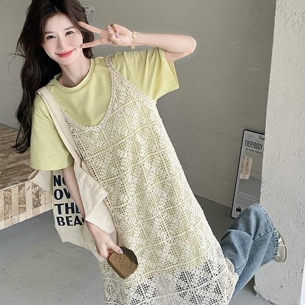 黄T恤蕾丝吊带连衣裙两件套
