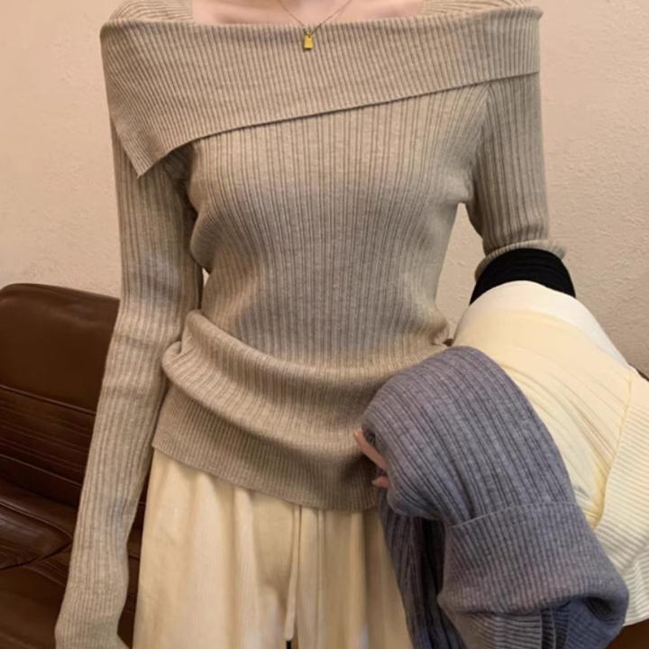 【一字肩针织衫】长袖薄款毛针织衫浅色针织打底衫气质短款毛衣显瘦