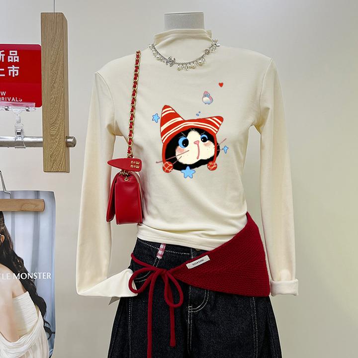 2025秋冬新款ins加绒加厚可爱猫咪印花宽松休闲长袖T恤上衣女