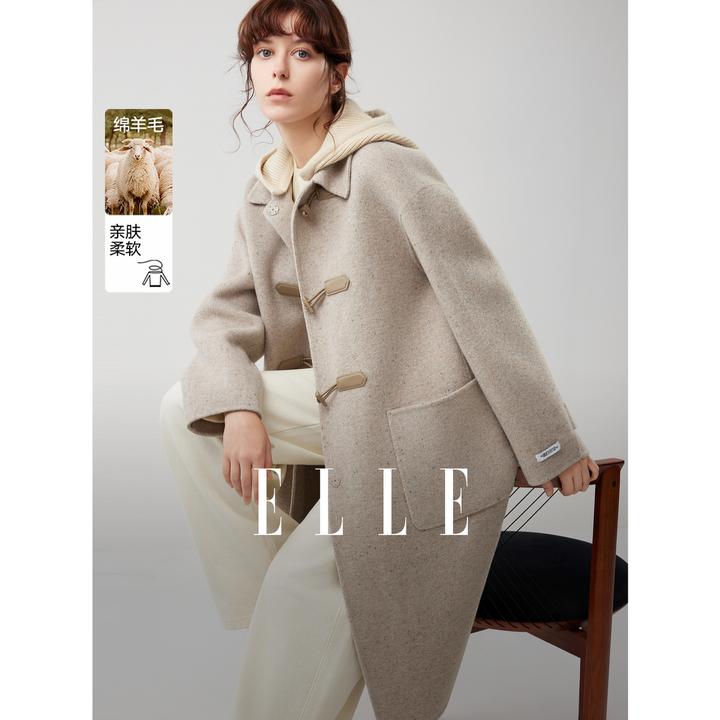 ELLE女装绵羊毛牛角扣连帽毛呢外套25冬新款双面呢大衣EN52150