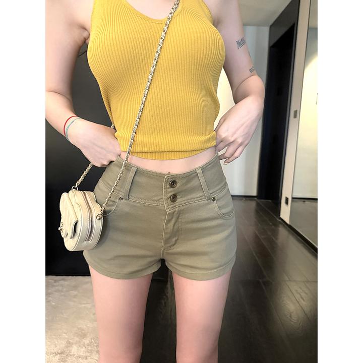 【QIUROUYAO邱肉瑶】定焦金属印记*辣妹高腰排扣牛仔短裤