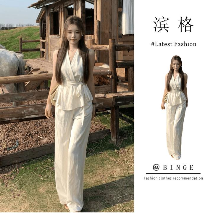 时髦气质御姐穿搭v领设计感收腰显瘦上衣宽松垂感阔腿休闲裤套装