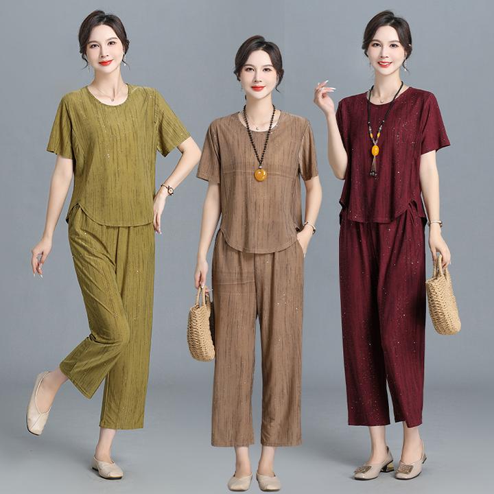 夏季新款中老年纯色透气妈妈装套装简约大码显瘦短袖裤子套装休闲