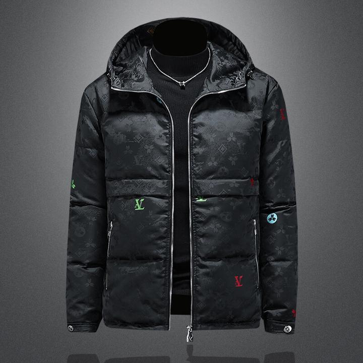 约文库费冬季白鸭绒印花黑色连帽羽绒服休闲男士外套加厚上衣