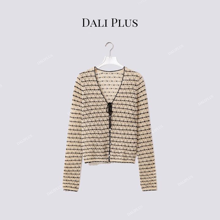DALI PLUS“米黑条纹”马海毛羊毛V领镂空针织开衫-D5MM2449