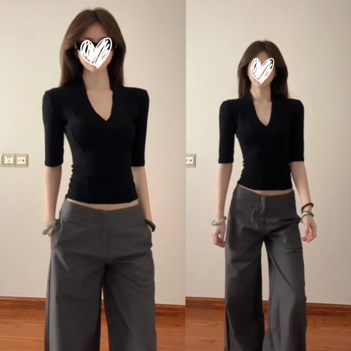 YIDENG 美式辣妹V领黑色七分袖T恤2025秋季性感气质百搭显瘦上衣