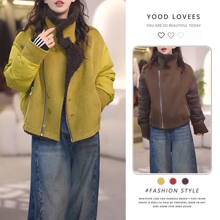 2025冬季新款时尚百搭加棉保暖短款外套女休闲大翻领毛毛撞色上衣