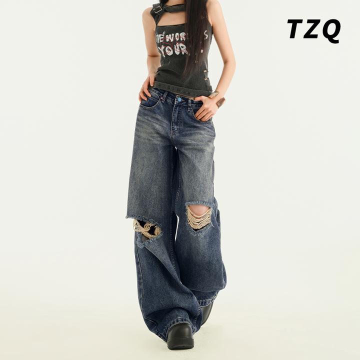 破洞阔腿裤女2025春季新款美式高腰复古洋气拖地牛仔裤TZQ2522701