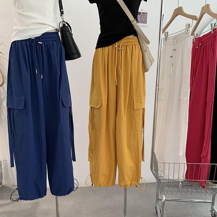 欧玛莱 韩系复古时尚松紧腰口袋设计感宽松百搭休闲工装长裤3791