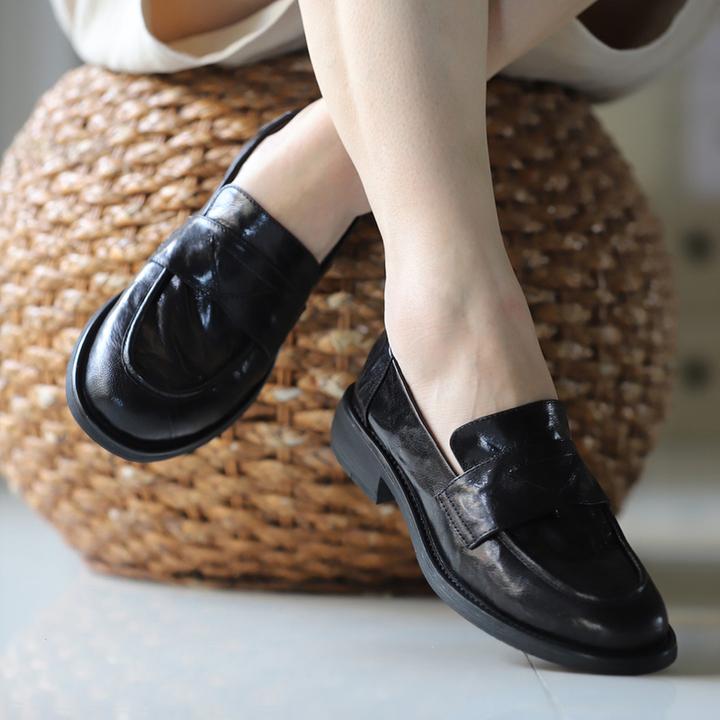 壹家shoes039015手抓羊皮3.5cm圆头乐福鞋复古风一脚蹬真皮女鞋