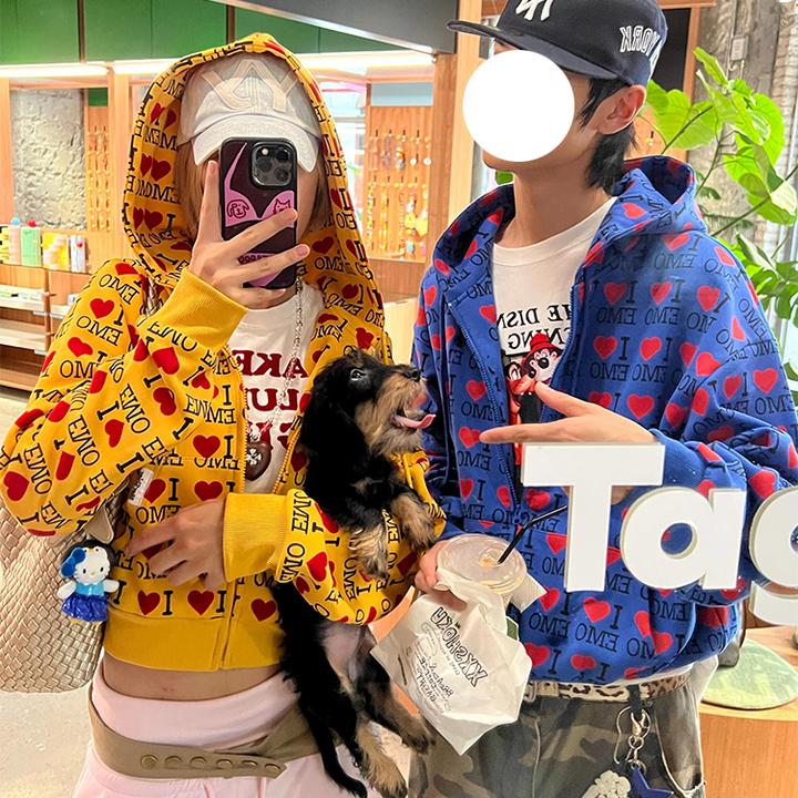 纯棉美式复古字母爱心长袖卫衣开衫女秋冬加绒宽松短款外套上衣潮