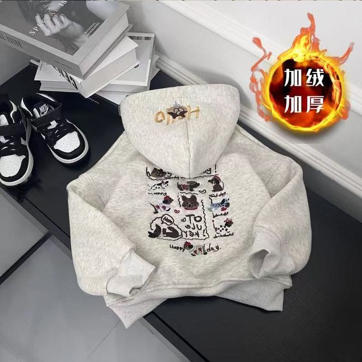 秋冬儿童卫衣新款男女童加绒加厚保暖上衣中小童狗狗简约印花连帽