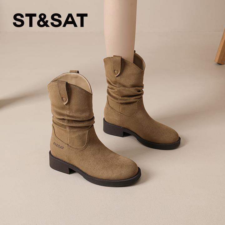 星期六粗跟美拉德短靴女2025冬季新款加绒马丁靴褶皱英伦风堆堆靴
