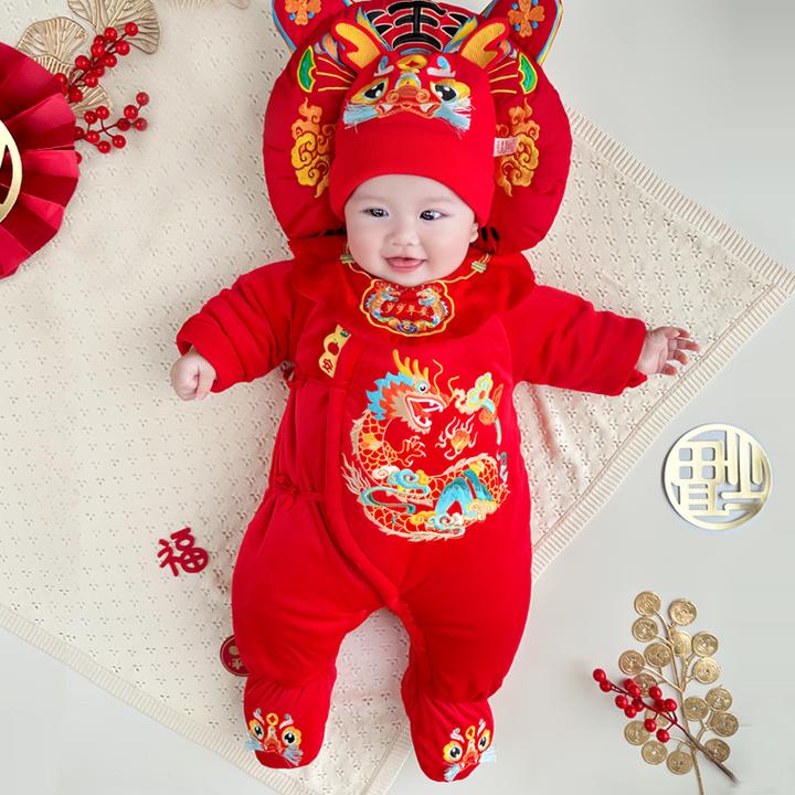 蛇龙年满月百天宝宝秋冬衣服婴儿包脚连体衣加厚夹棉拜年哈衣5516