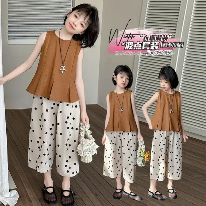 女童套装夏装2025新款洋气儿童夏季小女孩网红时髦无袖波点两件套