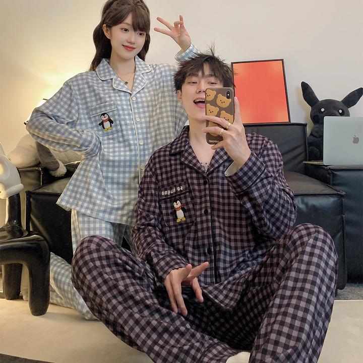 德绒磨毛睡衣女士秋冬可爱格子企鹅2025新款男士高级感家居服套装