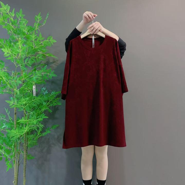 1725春秋时尚纯色圆领中长款宽松型大码连衣裙