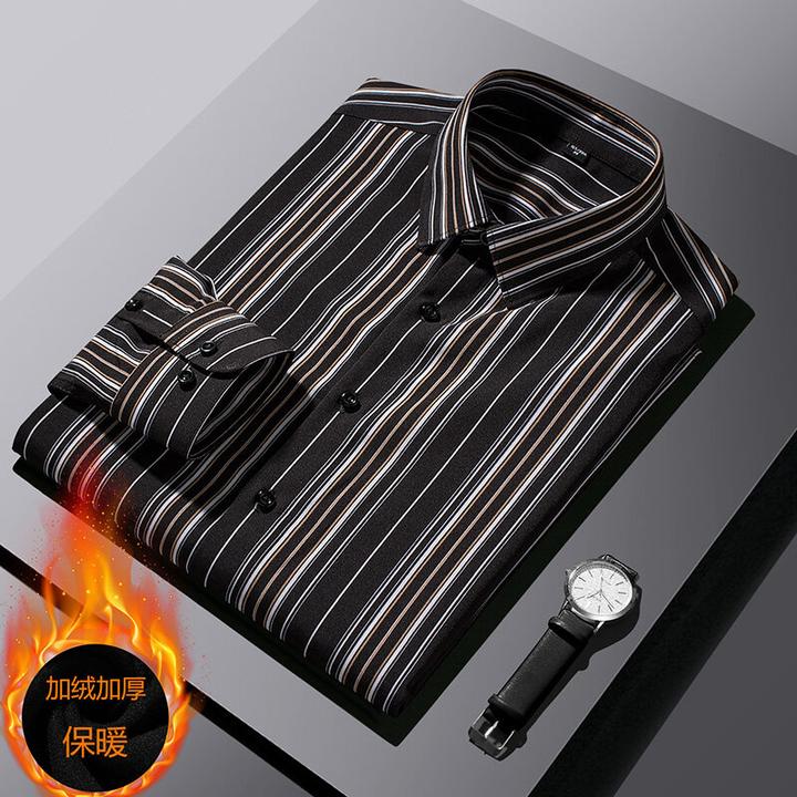 专业衬衫春秋季男士加绒加厚保暖条纹衬衫弹力抗皱时尚中青年