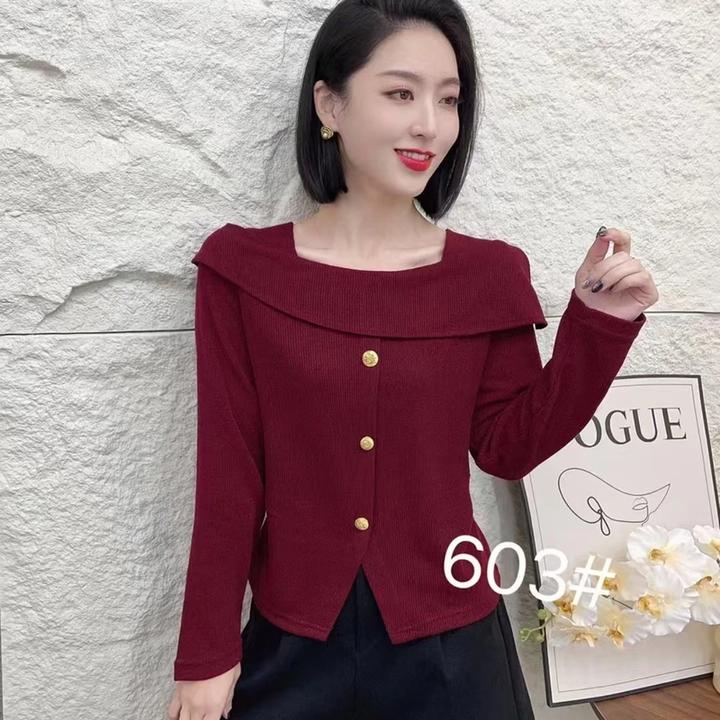 春季新款时尚百搭纯色纽扣洋气方领修身韩版长袖上衣#603