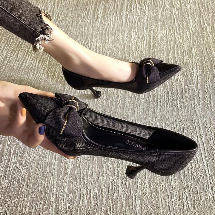 现货仙女风网纱透气高跟鞋女2025年夏季蝴蝶结尖头单鞋女细跟