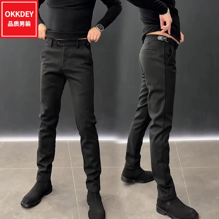 okkdey男士休闲裤秋冬新款时尚轻奢毛呢裤子男潮流百搭修身小脚裤