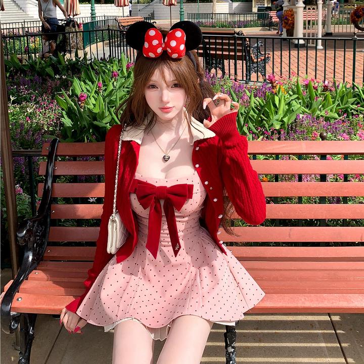 韩系小众学院风套装2025新款辣妹烟粉色波点连衣裙针织开衫两件套