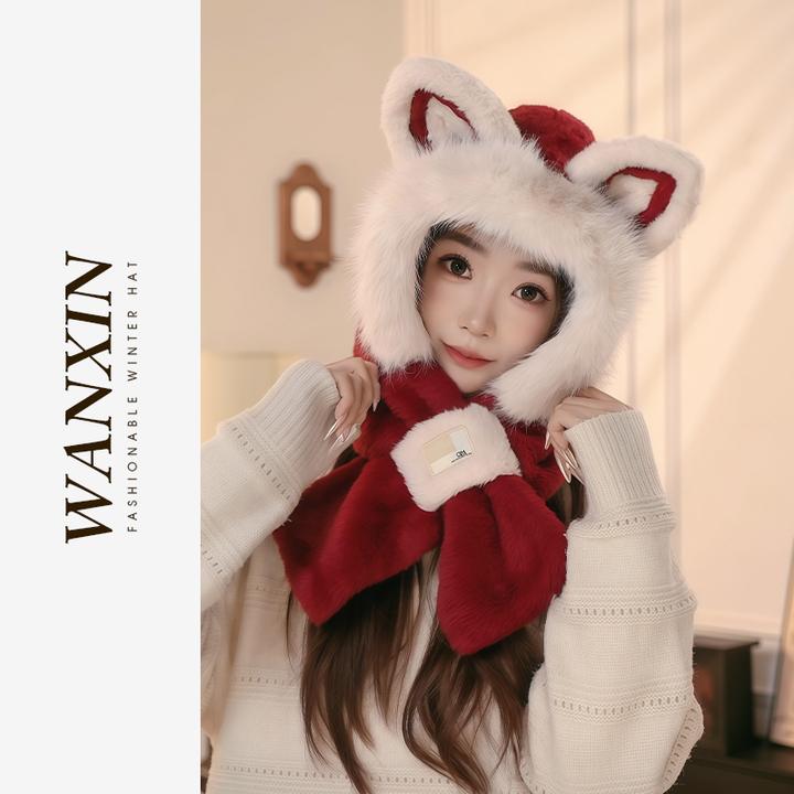 WANXIN茶金狐毛绒围巾手套一体三件套秋冬大头围帽子围巾一体