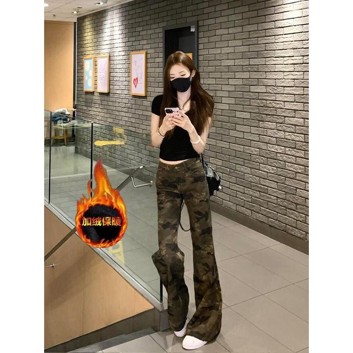 加绒加厚复古高街迷彩低腰微喇牛仔裤女2025秋冬新款显瘦喇叭裤