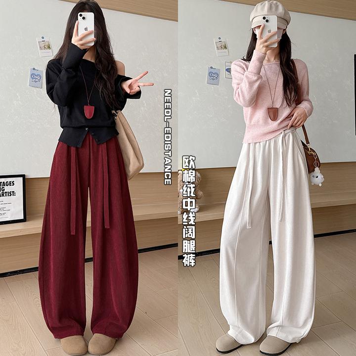 欧棉绒中线阔腿裤女2025年秋冬新款高腰显瘦慵懒风宽松百搭休闲裤
