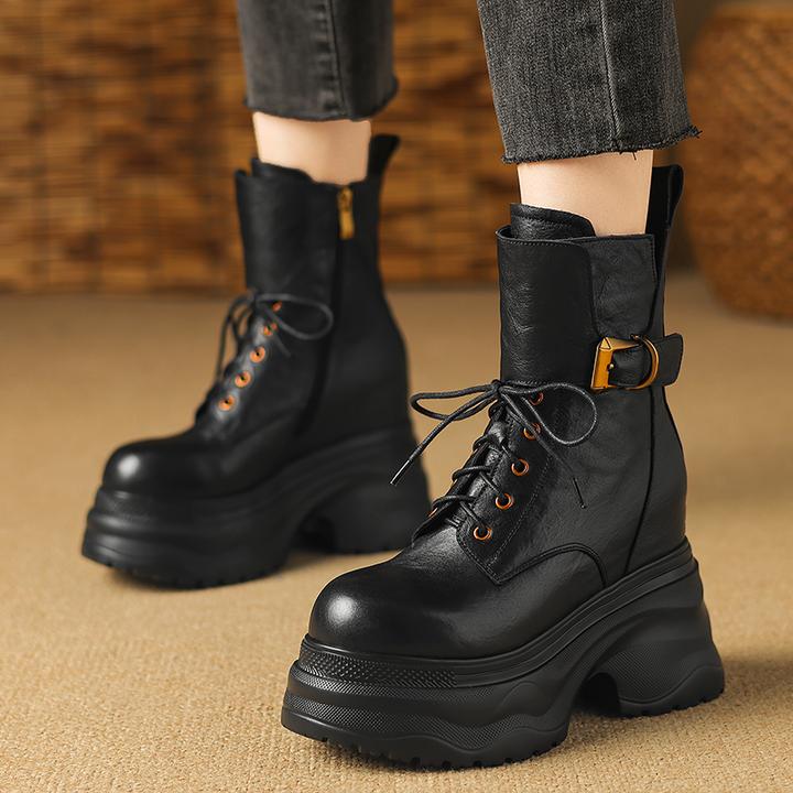 真皮超高跟小个子系带短靴12cm内增高厚底马丁靴女春秋单靴不累脚