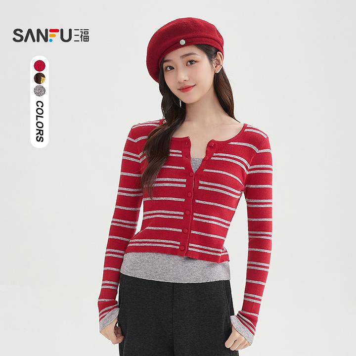 三福毛衣2025冬季复古条纹撞色假两件圆领上衣女装520567