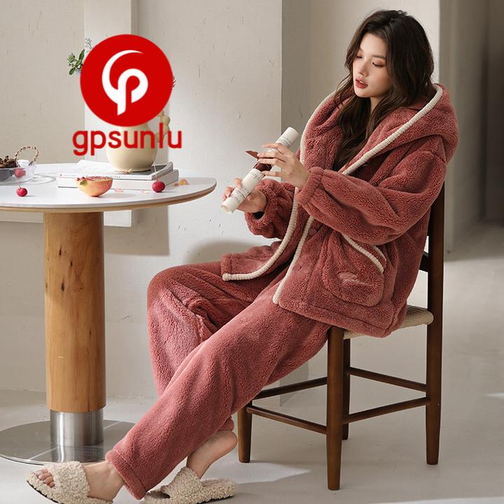 gpsunlu冬季暖呼呼女士睡衣韩系加厚保暖可外穿珊瑚绒家居服套装