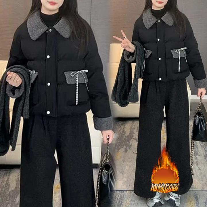 时尚小香风套装女冬新款蝴蝶结棉服外套显瘦百搭加绒阔腿裤两件套