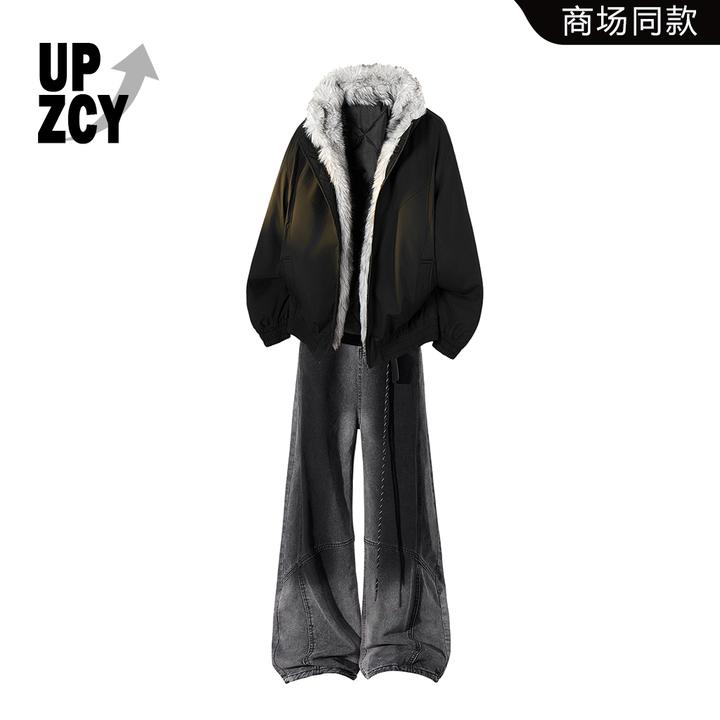 UPZCY座山雕立毛领保暖棉衣套装男款秋冬季渐变水洗牛仔裤两件套