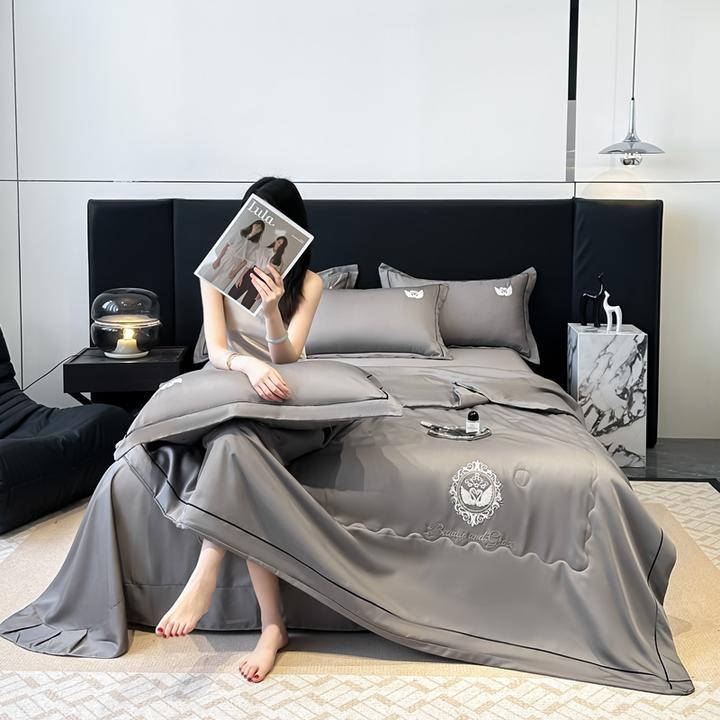 夏季新款轻奢水洗冰丝刺绣夏被床盖四件套夏凉被纯色可机洗凉感43