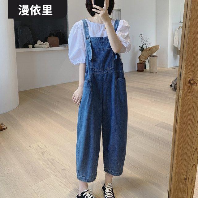 l牛仔背带裤女式夏季新款宽松高腰阔腿裤工装九分裤减龄连体裤lI